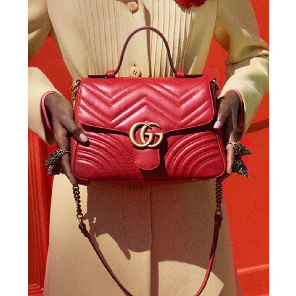 Gucci GG Marmont Small Matelasse Leather Top Handle Bag Hibiscus Red